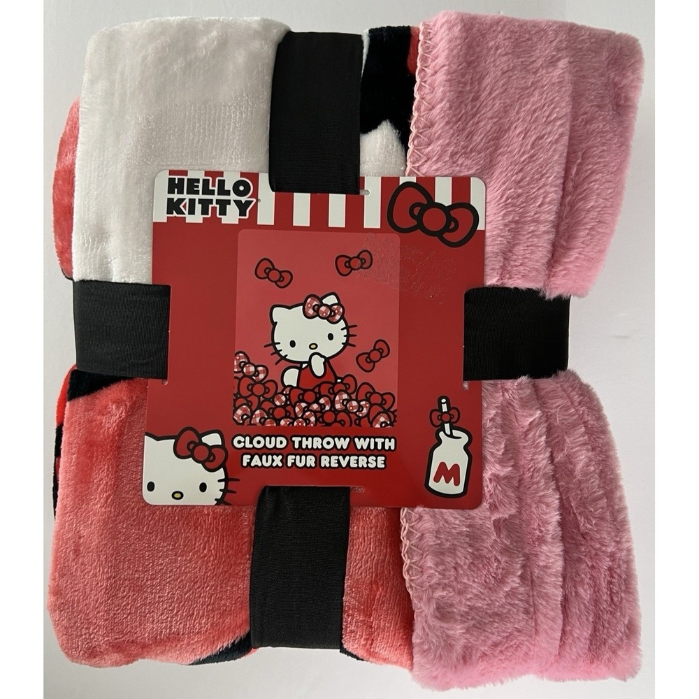 Hello Kitty Throw Country‎ Bows Cloud Faux Fur 50" x 60" Reverse Blanket A61